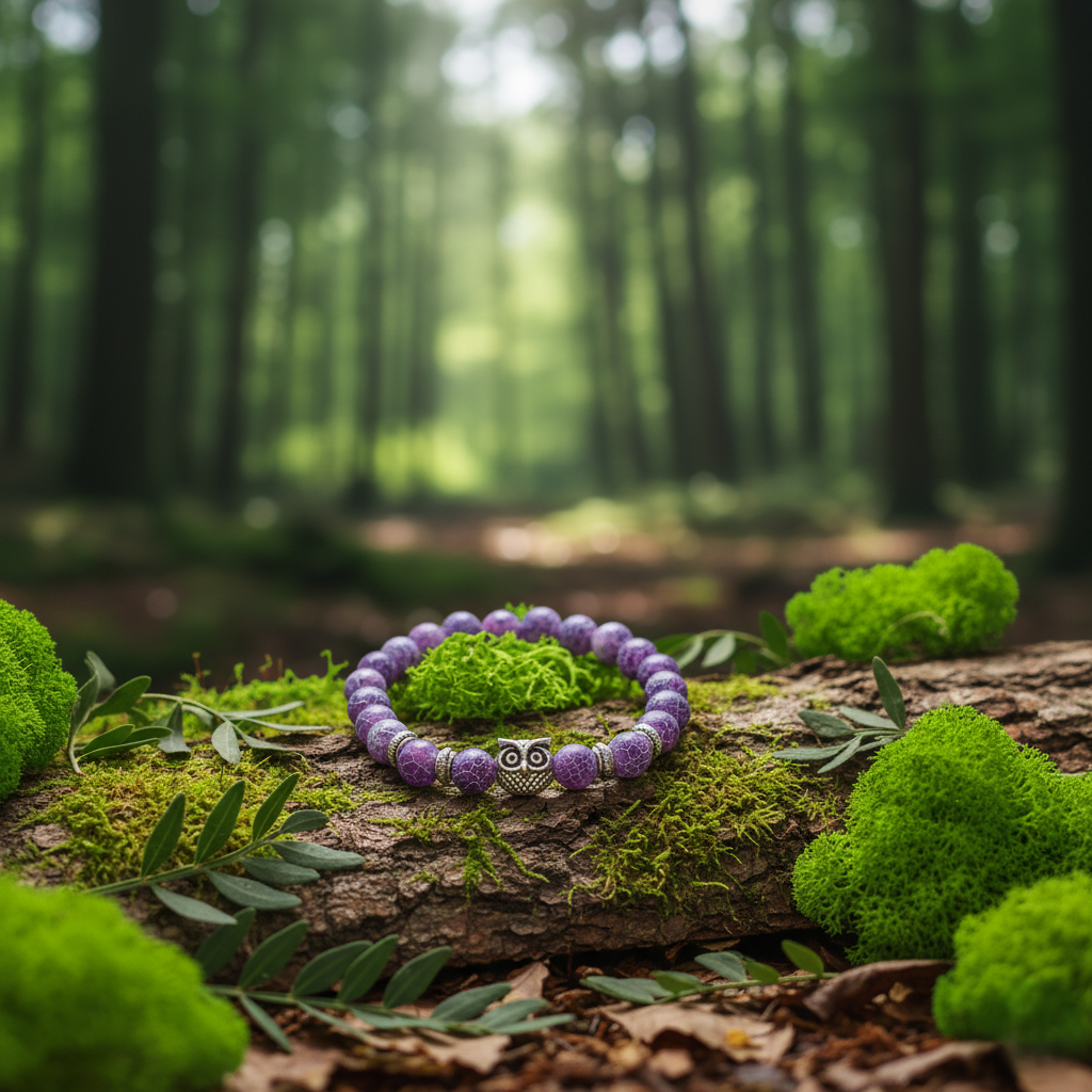 Purpurowa bransoletka z sową – bransoletka z zawieszką sowy, symbol mądrości i ochrony, biżuteria z kamieni naturalnych