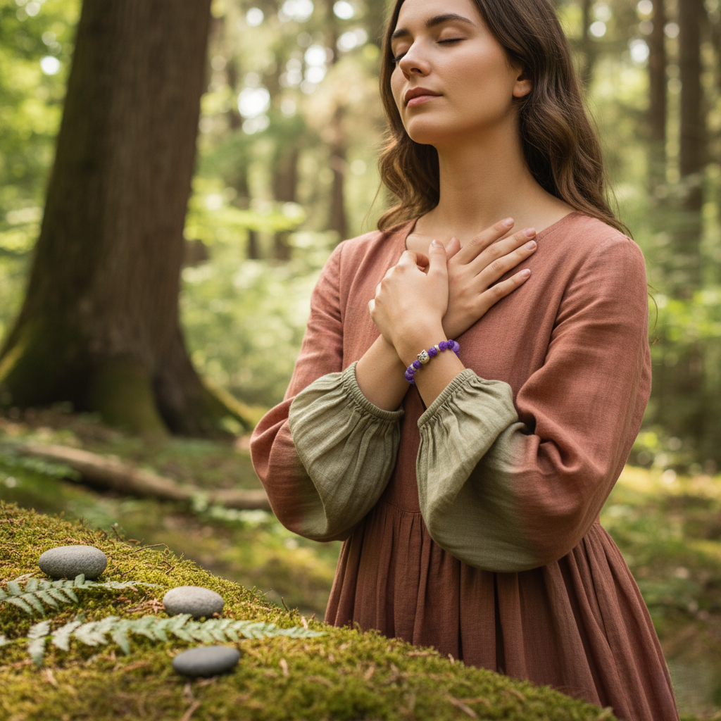 Purpurowa bransoletka z sową – bransoletka z zawieszką sowy, symbol mądrości i ochrony, biżuteria z kamieni naturalnych