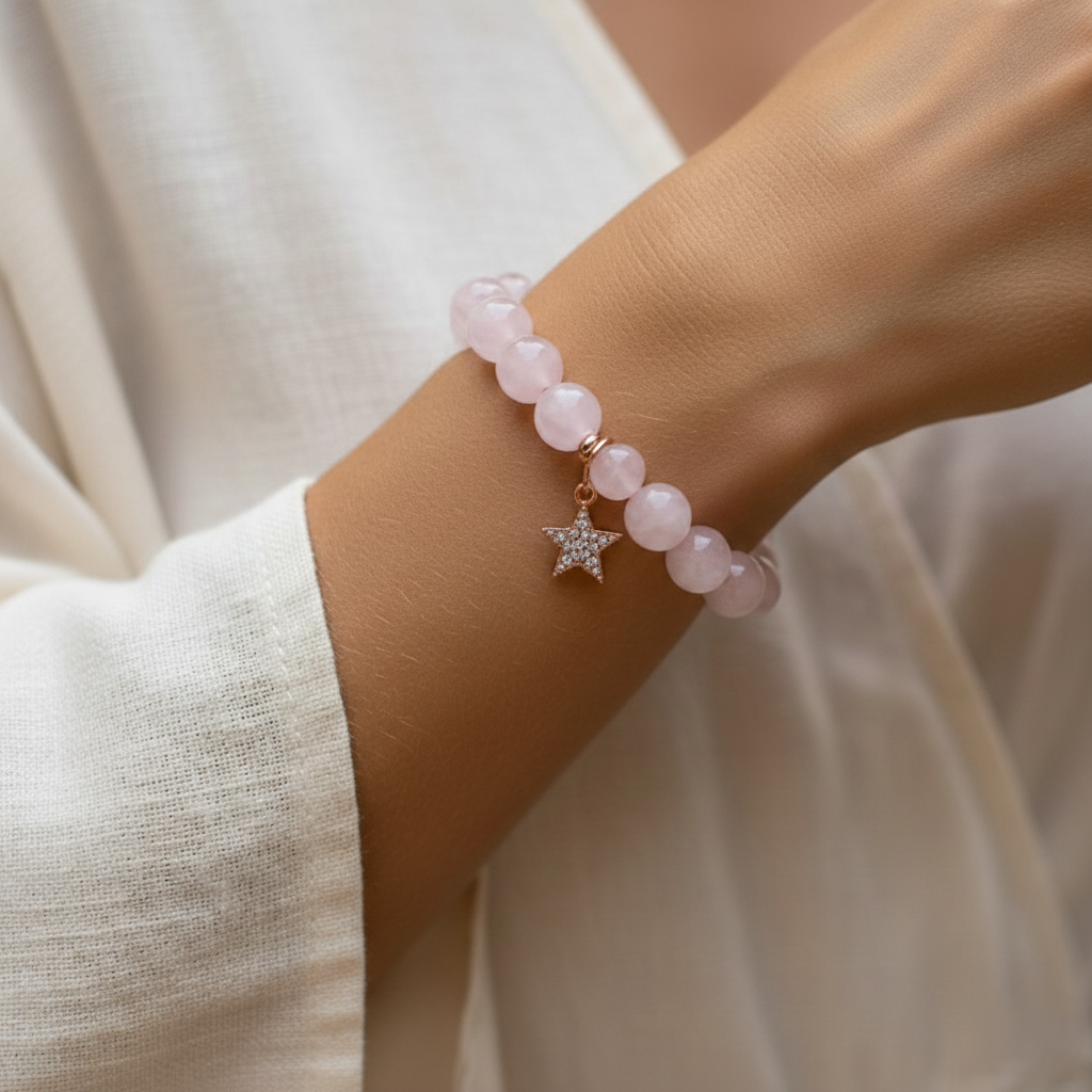 Bransoletka z różowego kwarcu ze srebrną gwiazdką(1) Bransoletka z różowego kwarcu ze srebrną gwiazdką – kamień miłości i harmonii