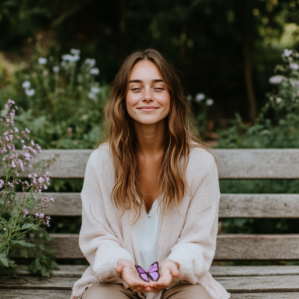 u3946468261_A_beautiful_smiling_woman_sitting_on_a_wooden_par_2d8cca88-4074-4c3b-97b3-b51bf65a655a_1