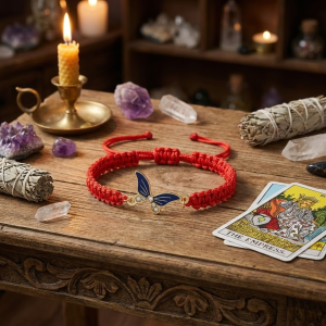 Czerwona bransoletka z granatowym motylkiem i cyrkoniami