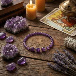 Bransoletki z kamieni naturalnych — kwarc, ametyst, obsydian